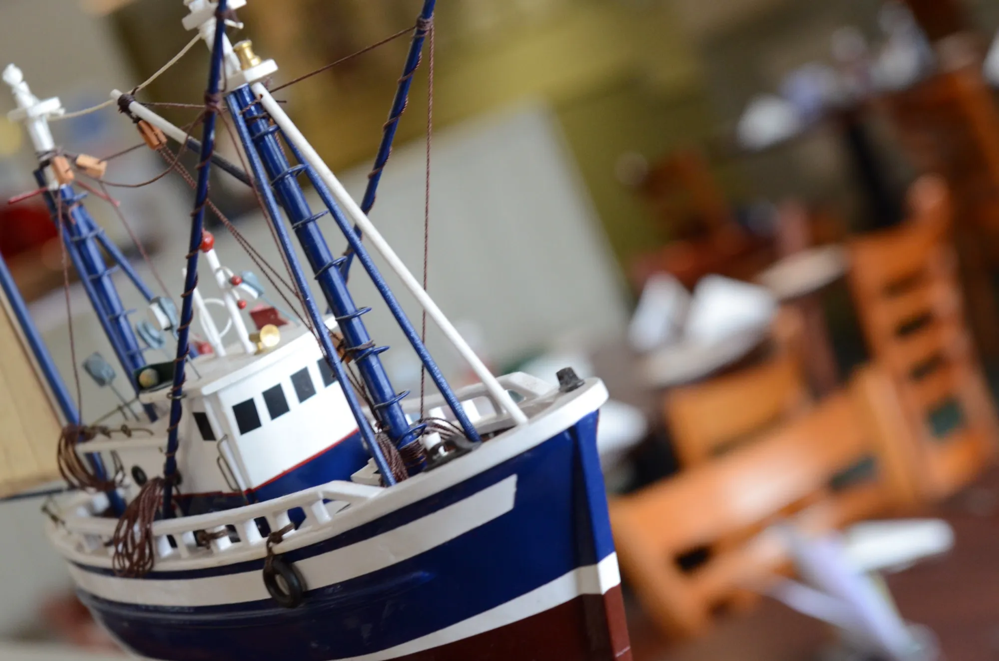 A model fishing boat in the restaurant